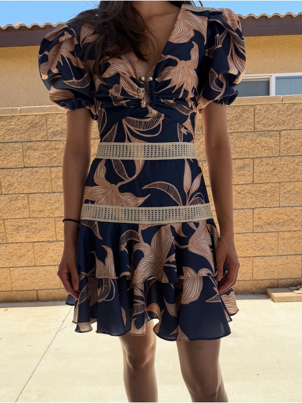 PatBO Navy and Peach Floral Puff-Sleeve Tiered Mini Dress